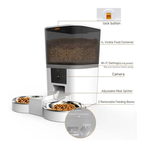 4L Automatic Cat Feeder Smart Pet Feeder For Cats Small Dogs Food Dispenser With Camera Recorder Timing Quantitative Double Bowl - Image 5